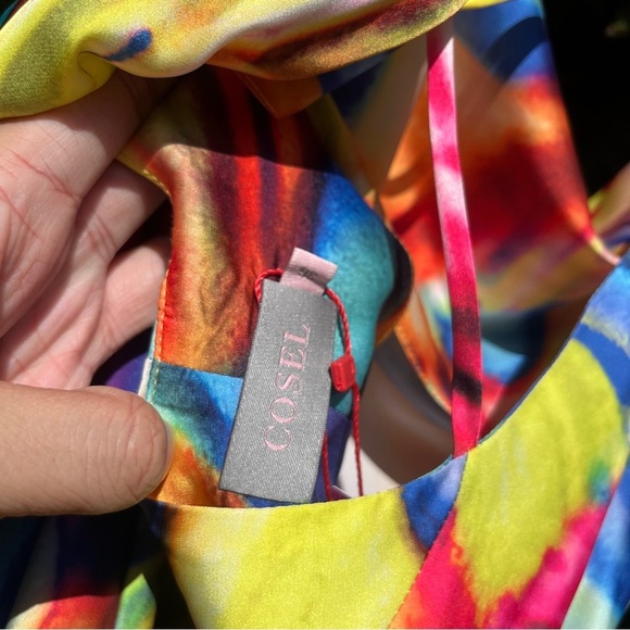 NWT COSEL rainbow multicolor tie dye print draped sleeveless midi dress - Picture 5 of 5